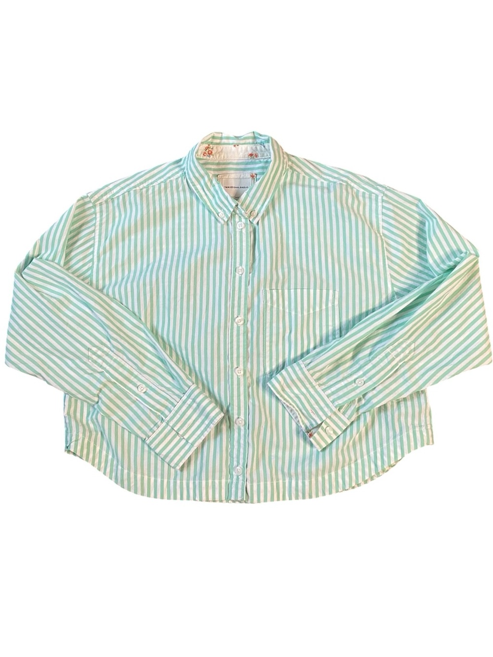 American Eagle Boxy Fit Button Down Green Stripe Cropped Casual Shirt